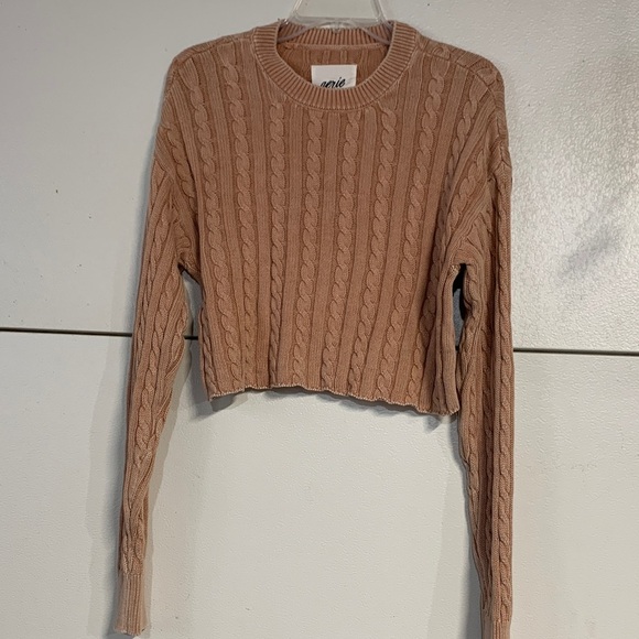 AERIE MINI CABLE KNIT CROPPED SWEATER TAN MEDIUM - Picture 2 of 5